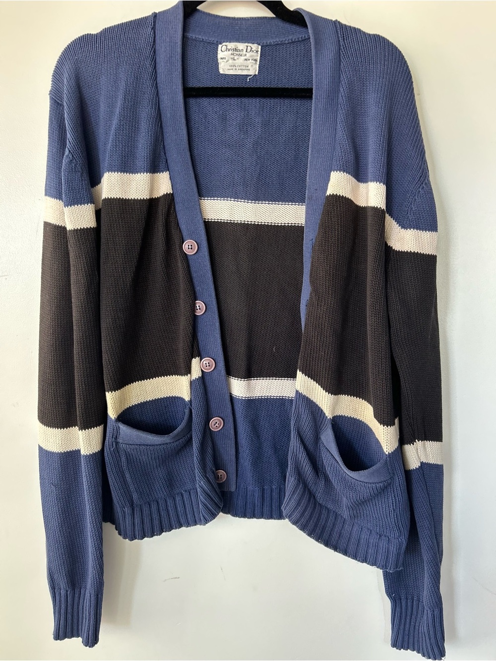 Vintage Christian Dior Blue, Black & White  V Neck Cardigan